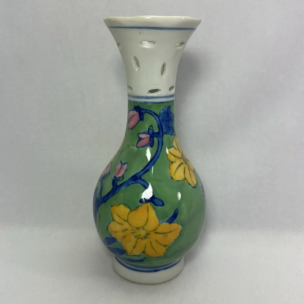Vintage Chinese Pottery Hand Painted Floral Green Vase Pink Yellow Blue Flowers
